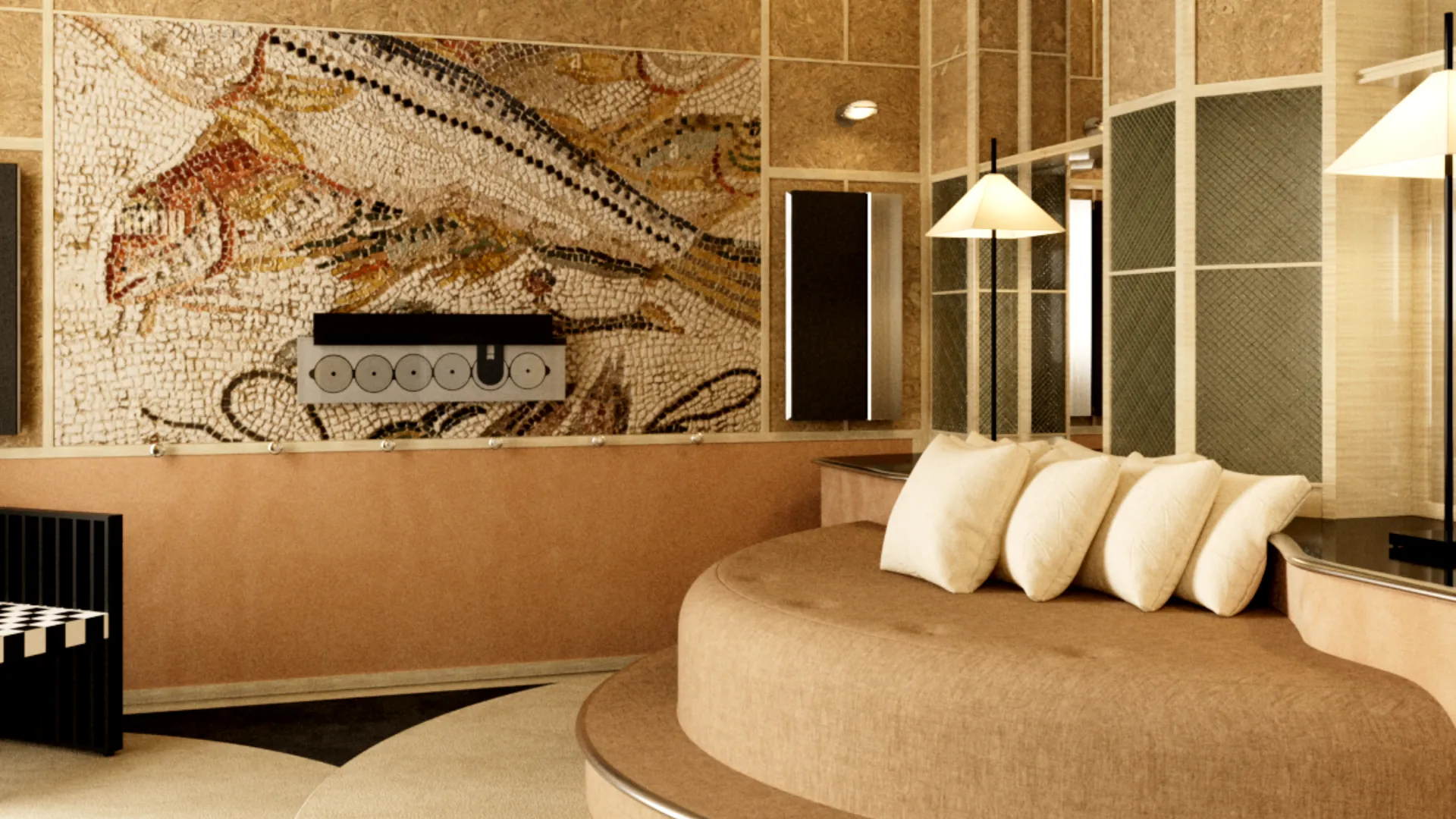 Salon moderne avec un canapé incurvé beige décoré de cinq coussins blancs, une lampe sur pied avec abat-jour blanc, un mur orné d'une mosaïque artistique abstraite et plusieurs miroirs encadrés, et un banc à motif damier à gauche.