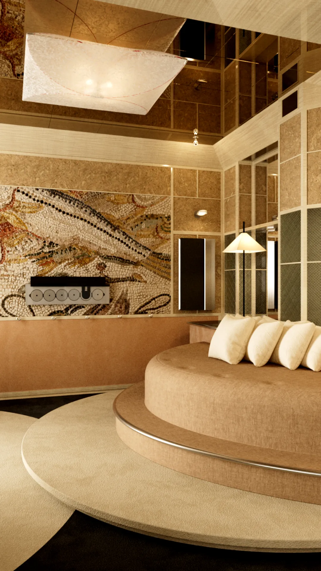 Salon contemporain avec canapé rond beige orné de coussins blancs, lampadaire moderne, murs avec mosaïque artistique et miroirs, sol à plusieurs niveaux en beige et noir.