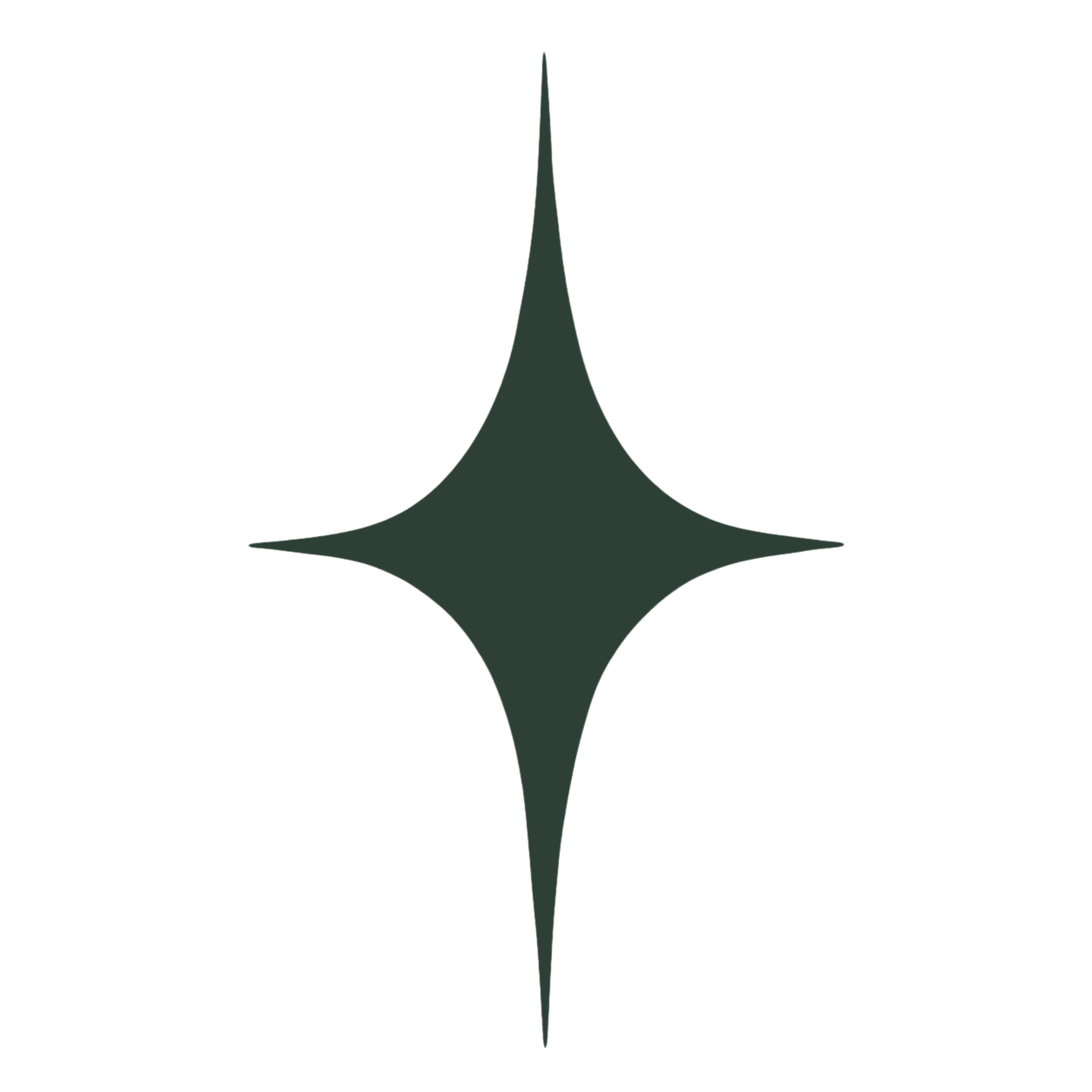 Dark green four-point star shape with elongated vertical points on a black background.