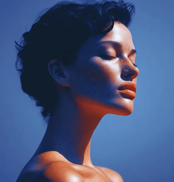 Profile of a serene young woman with closed eyes, soft light highlighting her freckles and features.