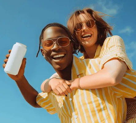 Young man giving piggyback ride to smiling woman, both wearing sunglasses and yellow shirts, holding can.