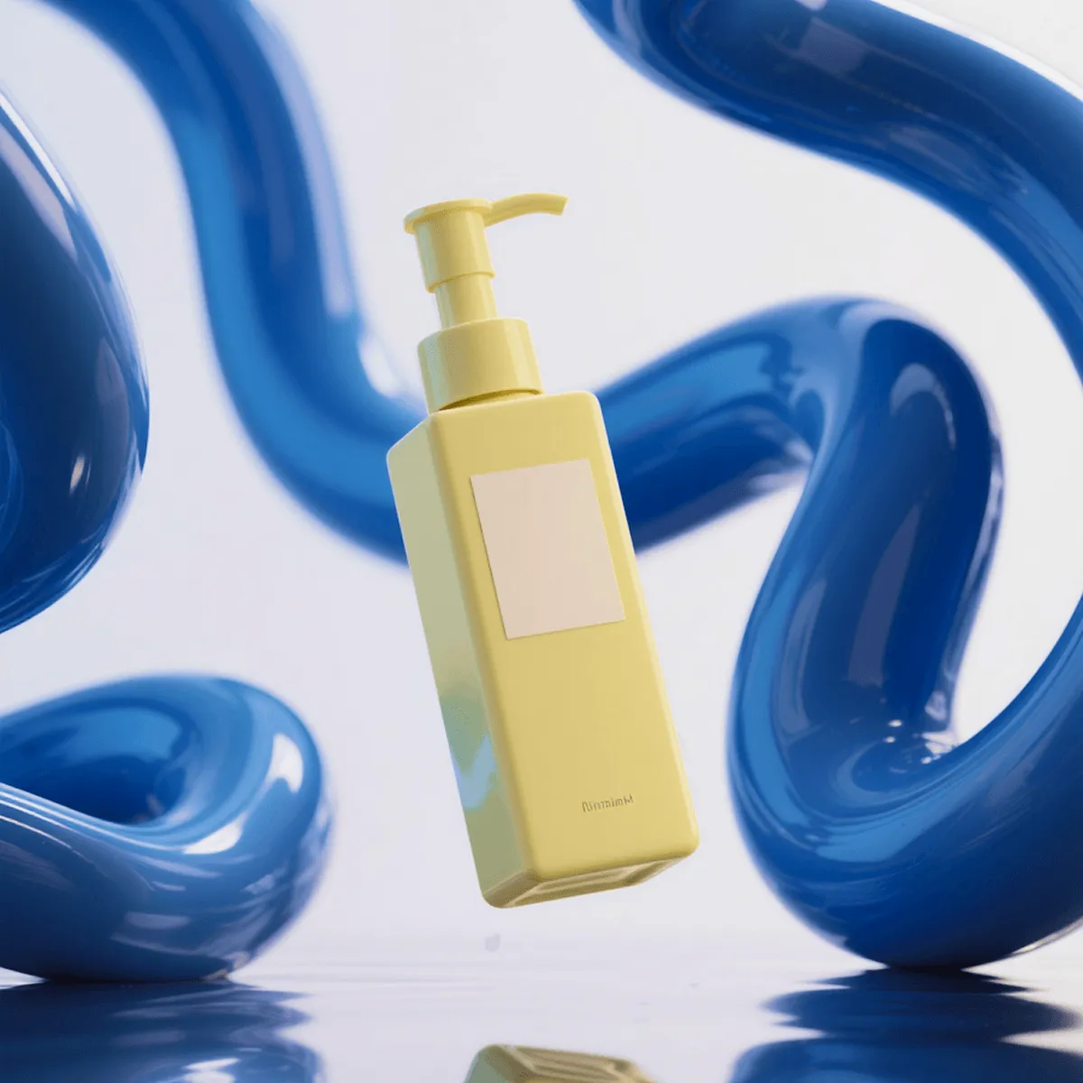 Yellow pump bottle floating with glossy twisting blue tubes and reflective surface below.
