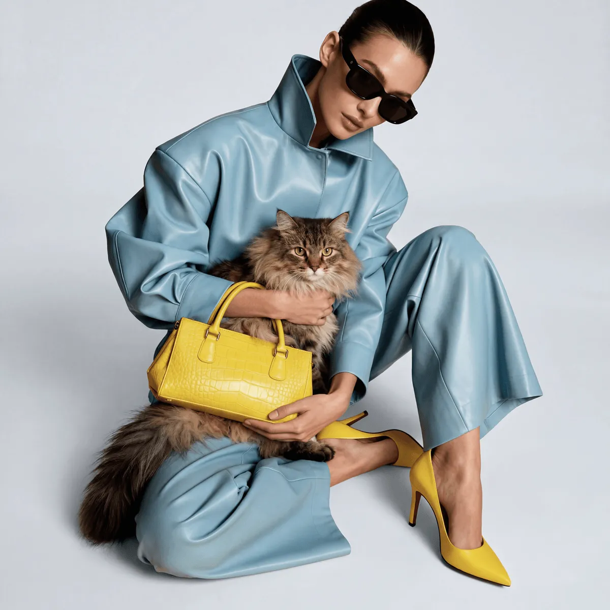 Woman in blue outfit and yellow heels holding a fluffy cat and yellow handbag, wearing black sunglasses.