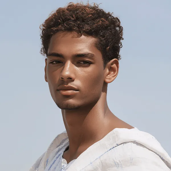 Young man with curly hair wearing a white shirt, standing outdoors against a clear sky.