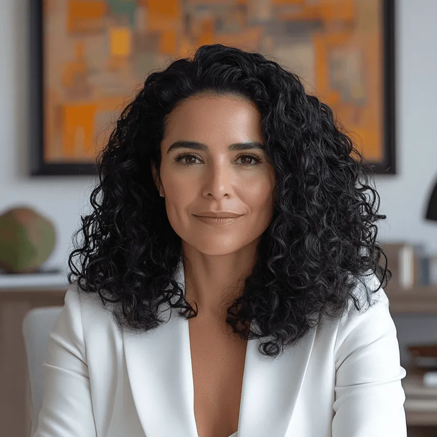 Confident woman with curly black hair wearing a white blazer, with abstract art in background.