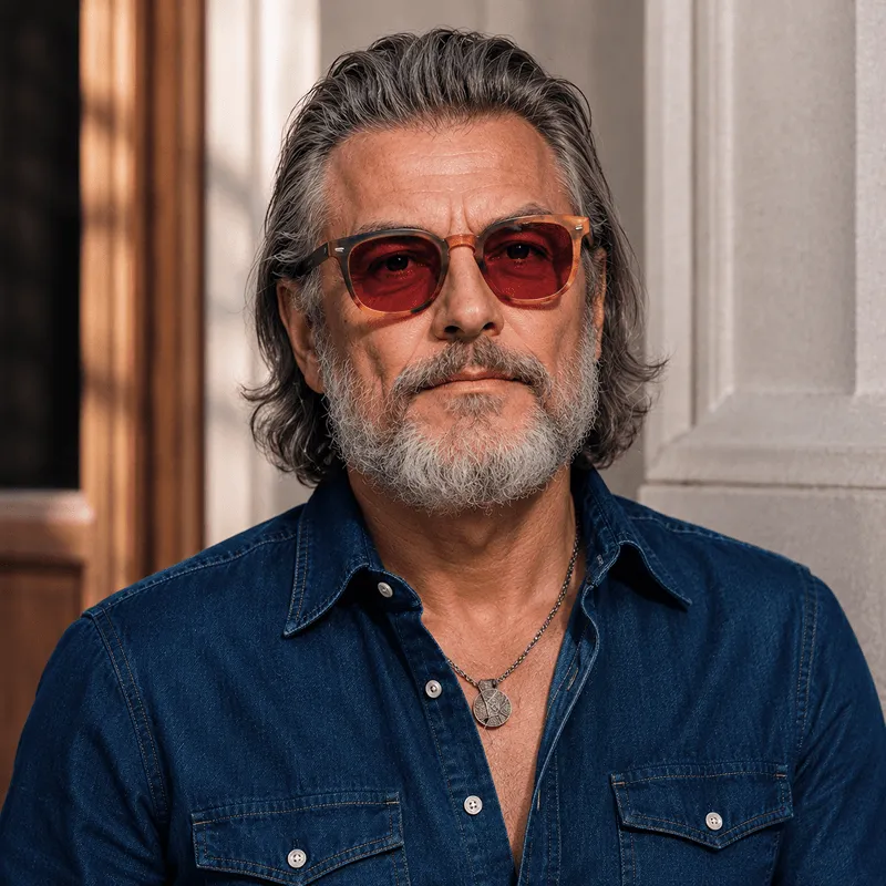 Older man with gray hair and beard wearing red sunglasses and a denim shirt with pendant necklace.