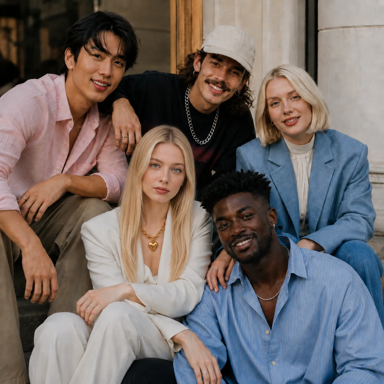 Group of five diverse young adults smiling and posing closely together on stone steps outdoors.