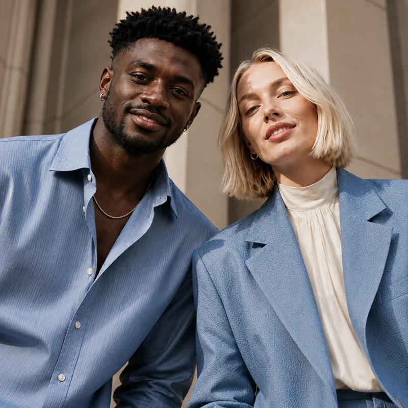 Man and woman smiling, both wearing blue shirts, standing by stone wall columns.