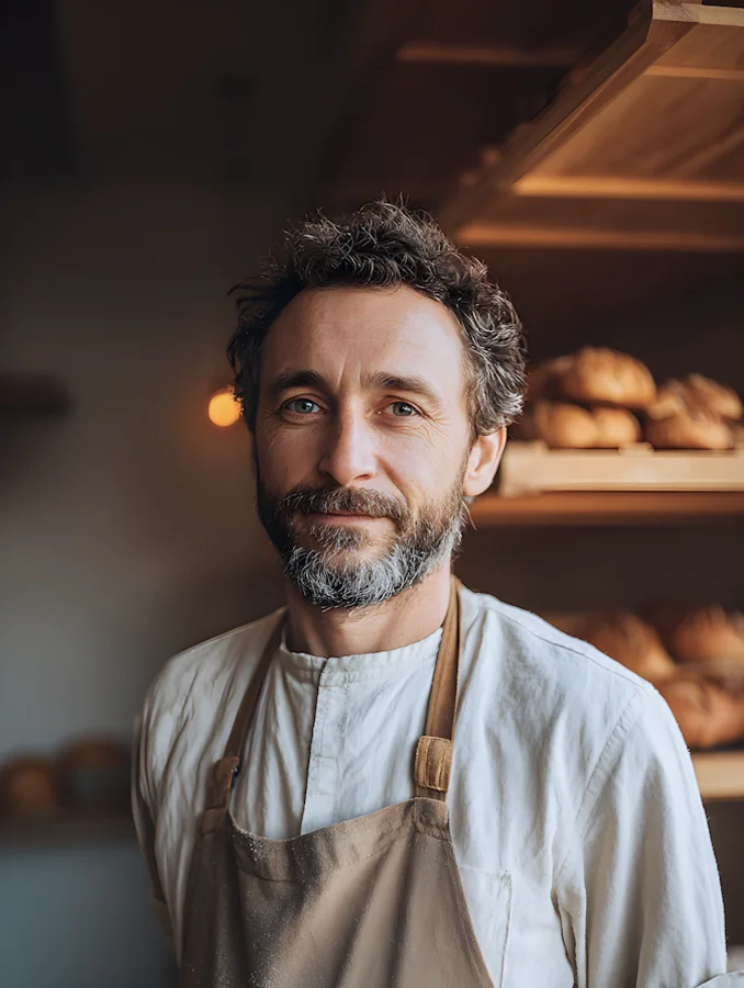 Portrait of a bearded man in a beige apron standing in a bakery with shelves of bread behind him.