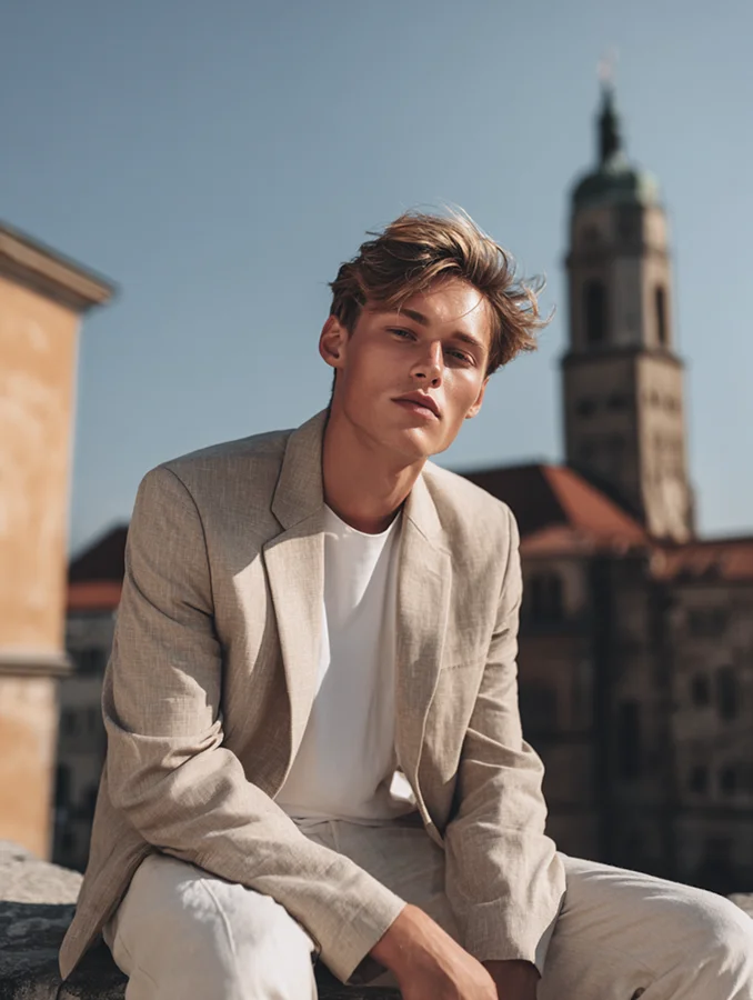 Young man with tousled hair wears beige suit and white shirt sitting outdoors with historic tower in background.