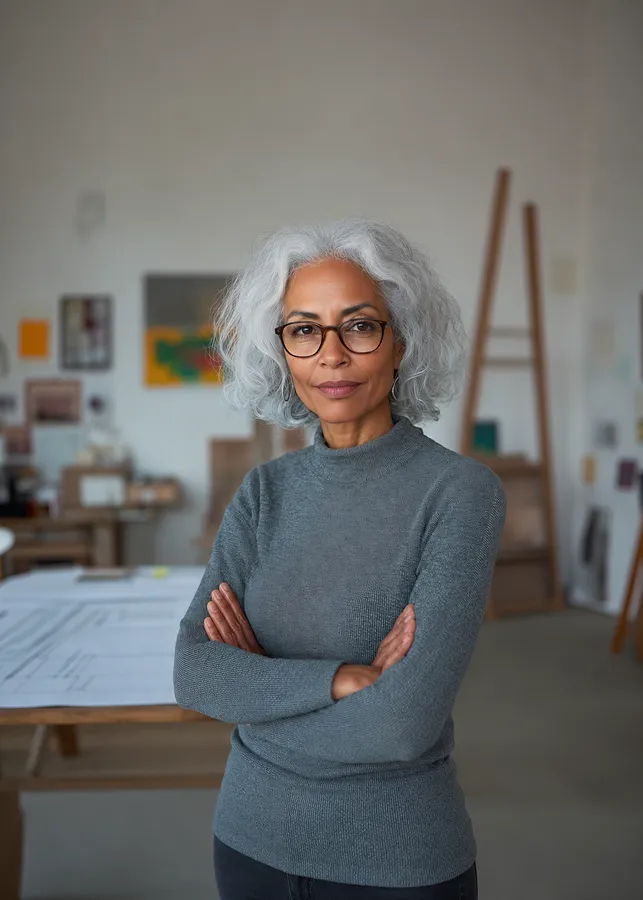 Mature woman with gray hair and glasses stands with arms crossed in an art studio.