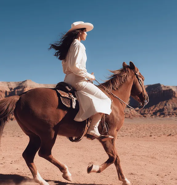 Woman in white dress and hat riding a brown horse in a desert landscape with blue sky.