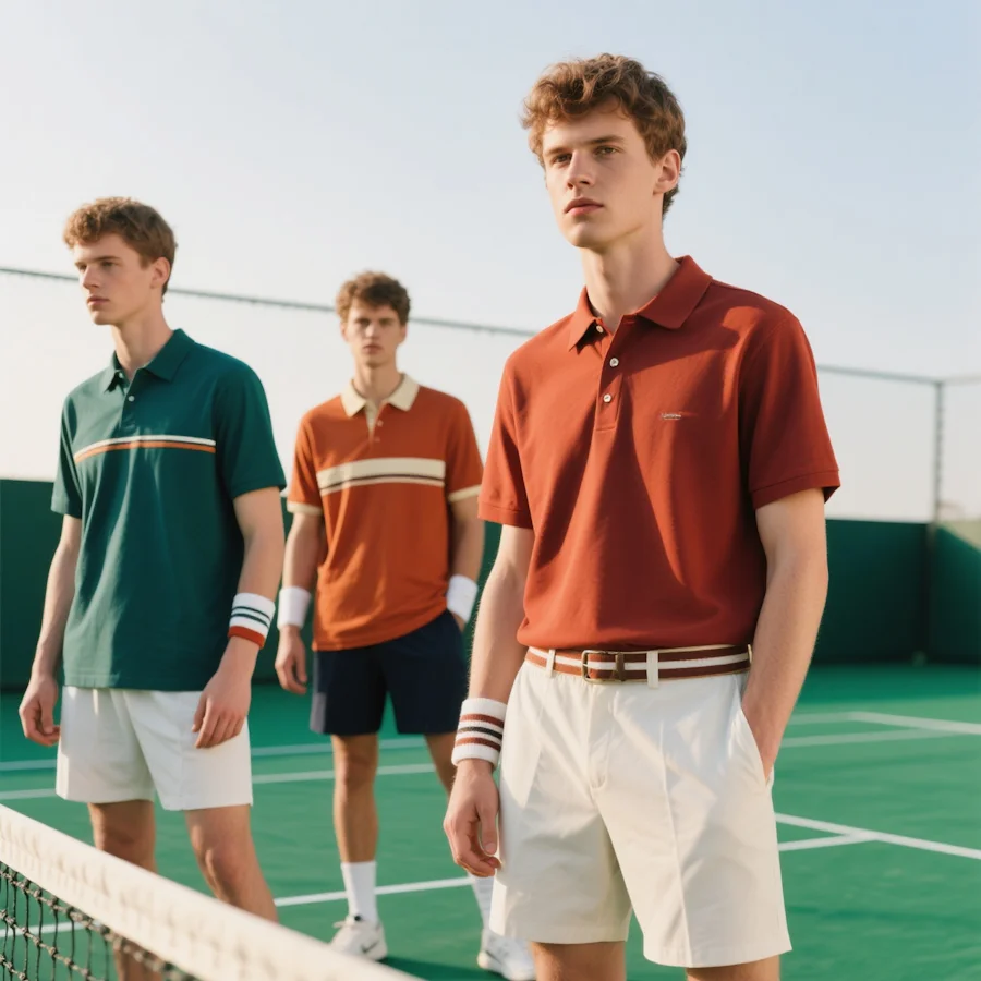 Three young men in retro tennis outfits standing on a tennis court with a net in the foreground.