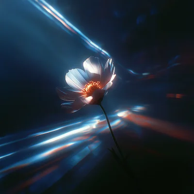 Single white flower illuminated by soft blue and orange light in a dark setting.