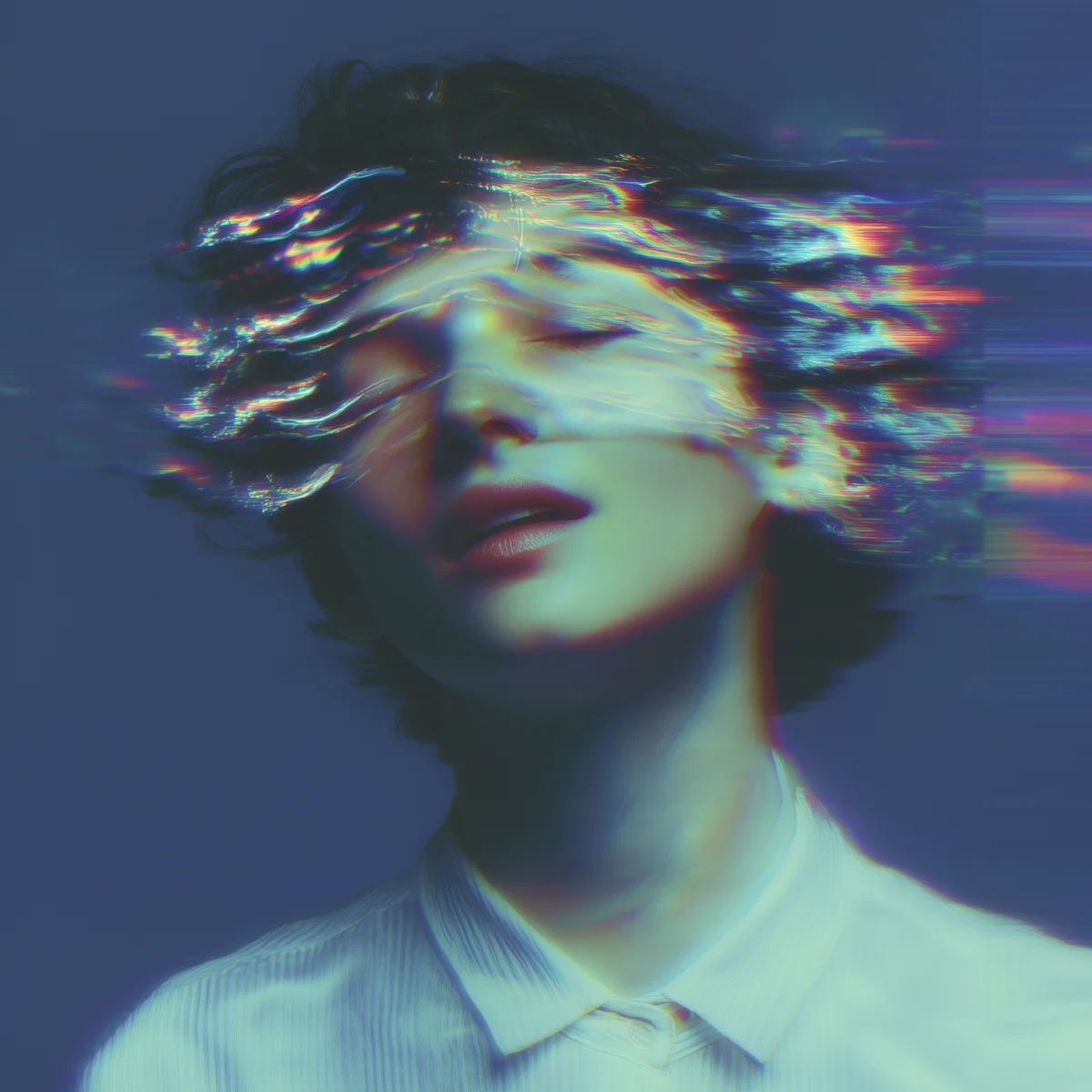Surreal portrait of a person with closed eyes and digital distortion on the upper face and hair.