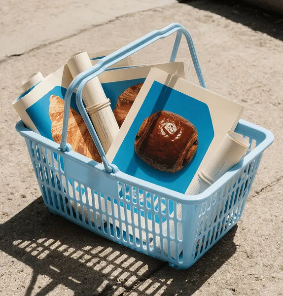 Blue plastic basket holding rolled papers and pictures of croissants and chocolate pastries.