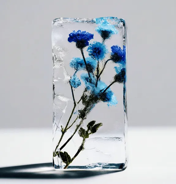 Blue flowers frozen inside a clear block of ice casting a shadow on a white surface.