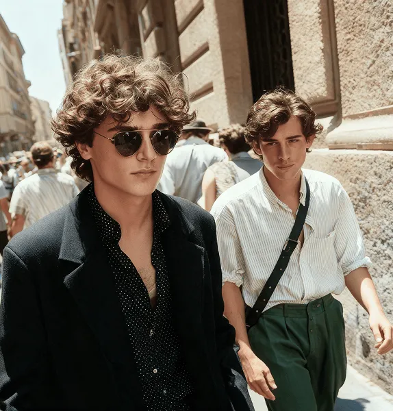 Two young men with curly hair walking on a sunny city street, one wearing sunglasses and a black jacket.