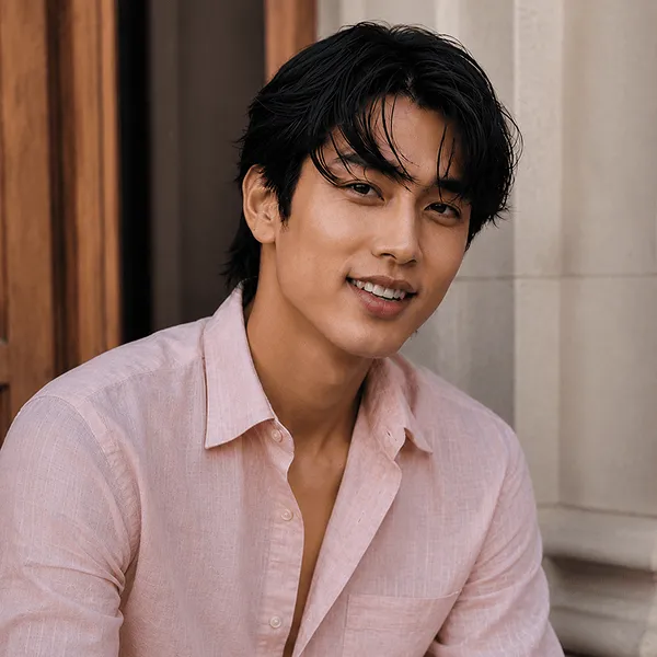 Smiling young man with black hair wearing a light pink shirt sitting against a wall near wooden door.