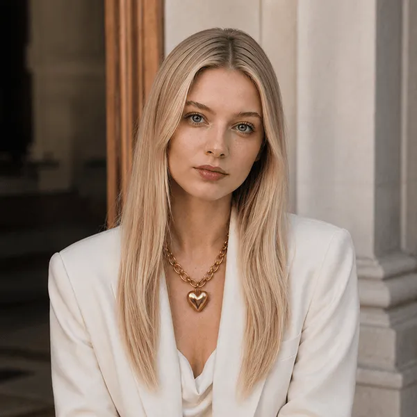Blonde woman in a white blazer with a gold heart necklace posing indoors near a wooden and stone background.