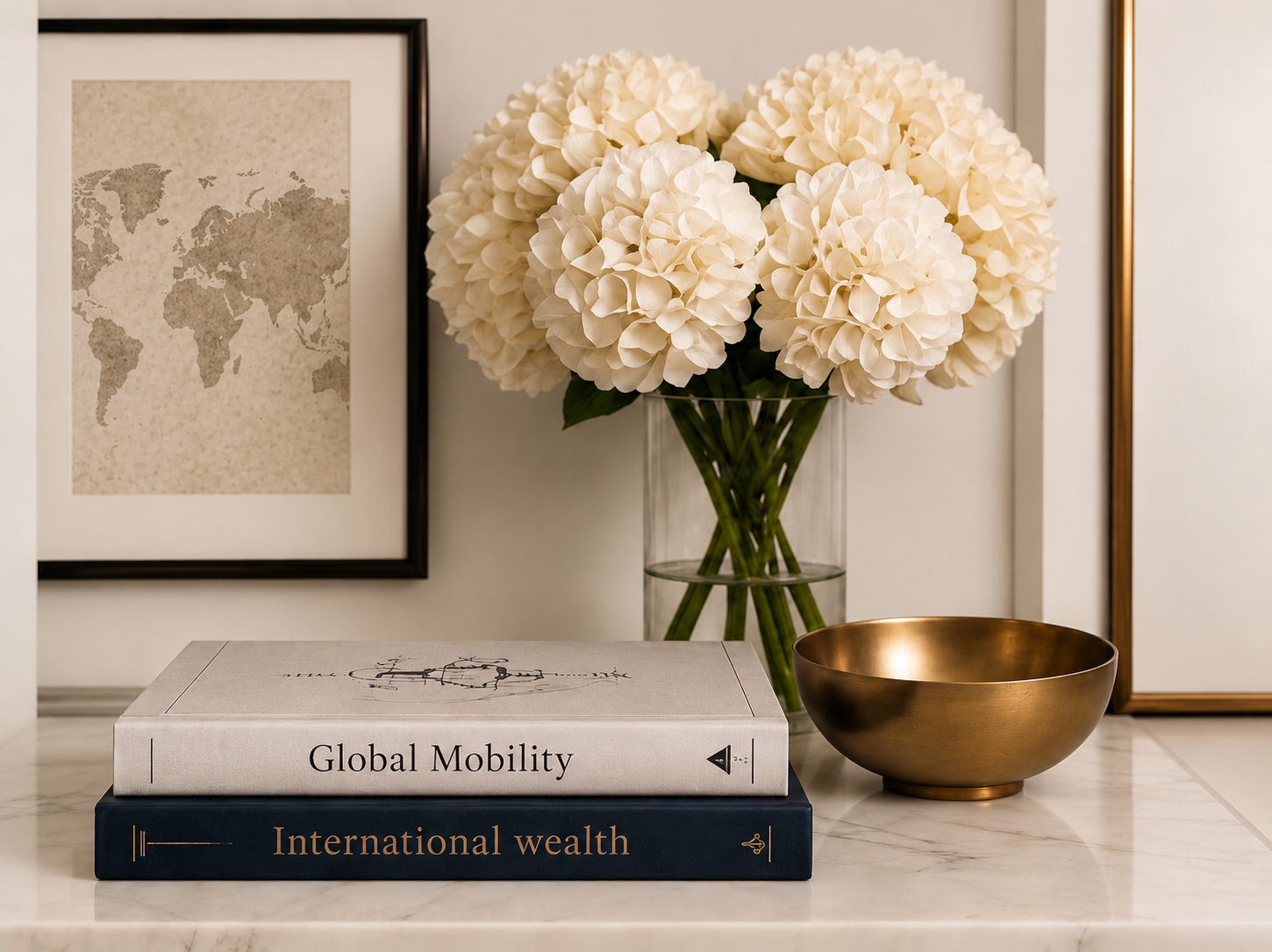 Interior scene with framed artwork, flowers and books about global mobility and international wealth