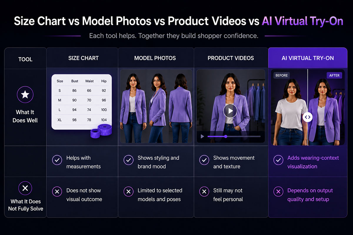 Comparison of size charts, model photos, product videos, and AI virtual try-on