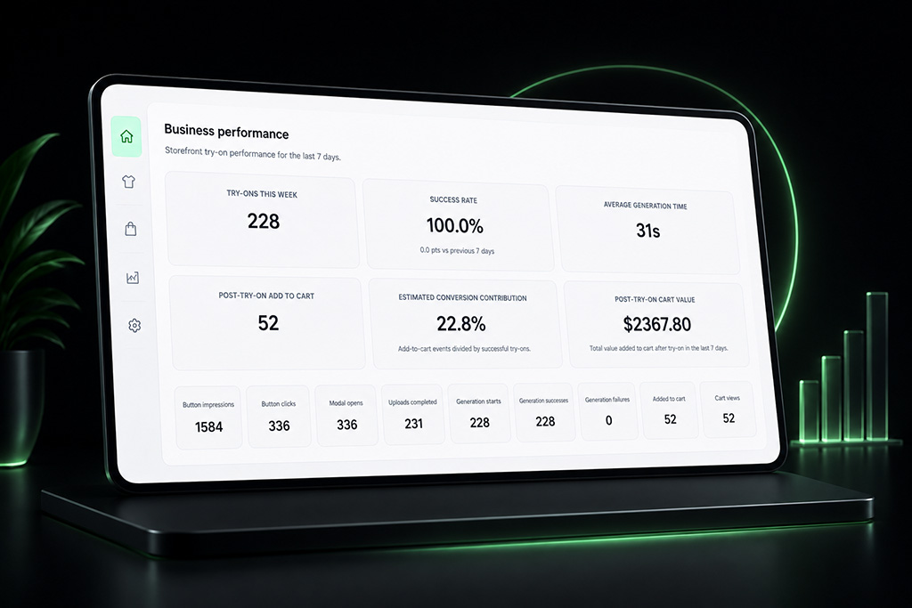 AI virtual try-on analytics dashboard showing post-try-on add-to-cart actions