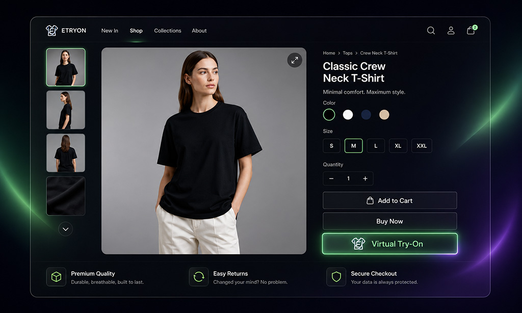Shopify fashion product page with AI virtual try-on button near variant options and add-to-cart controls