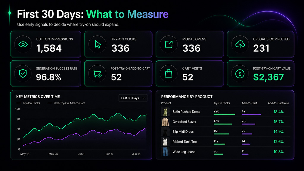 First 30 days analytics dashboard for measuring AI virtual try-on product rollout
