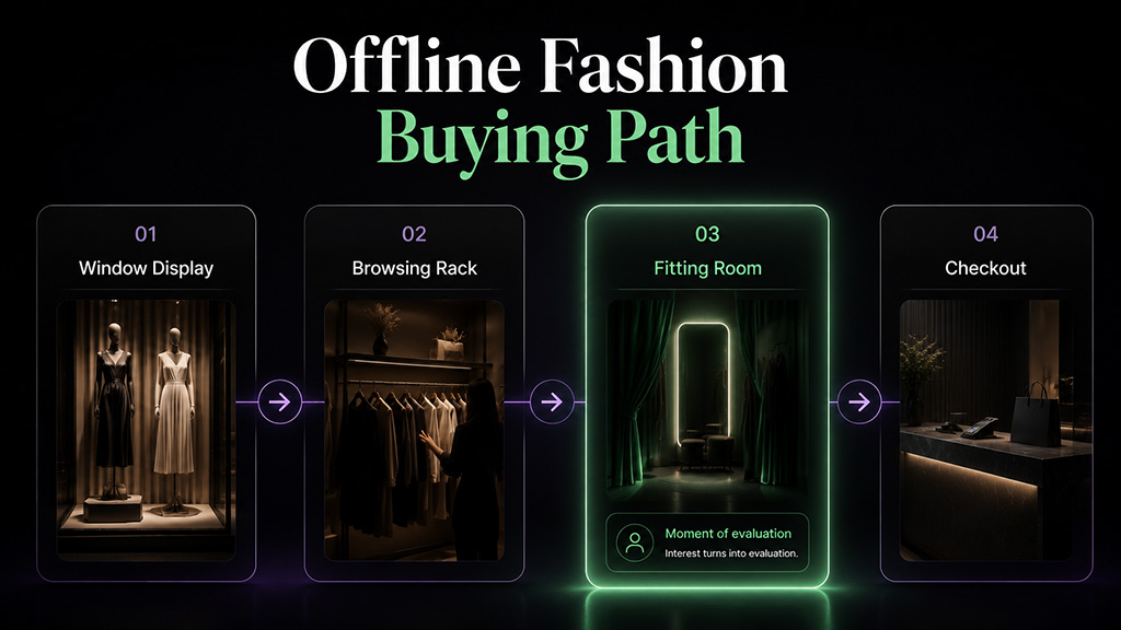 Offline fashion buying path showing fitting room as the key evaluation step before checkout