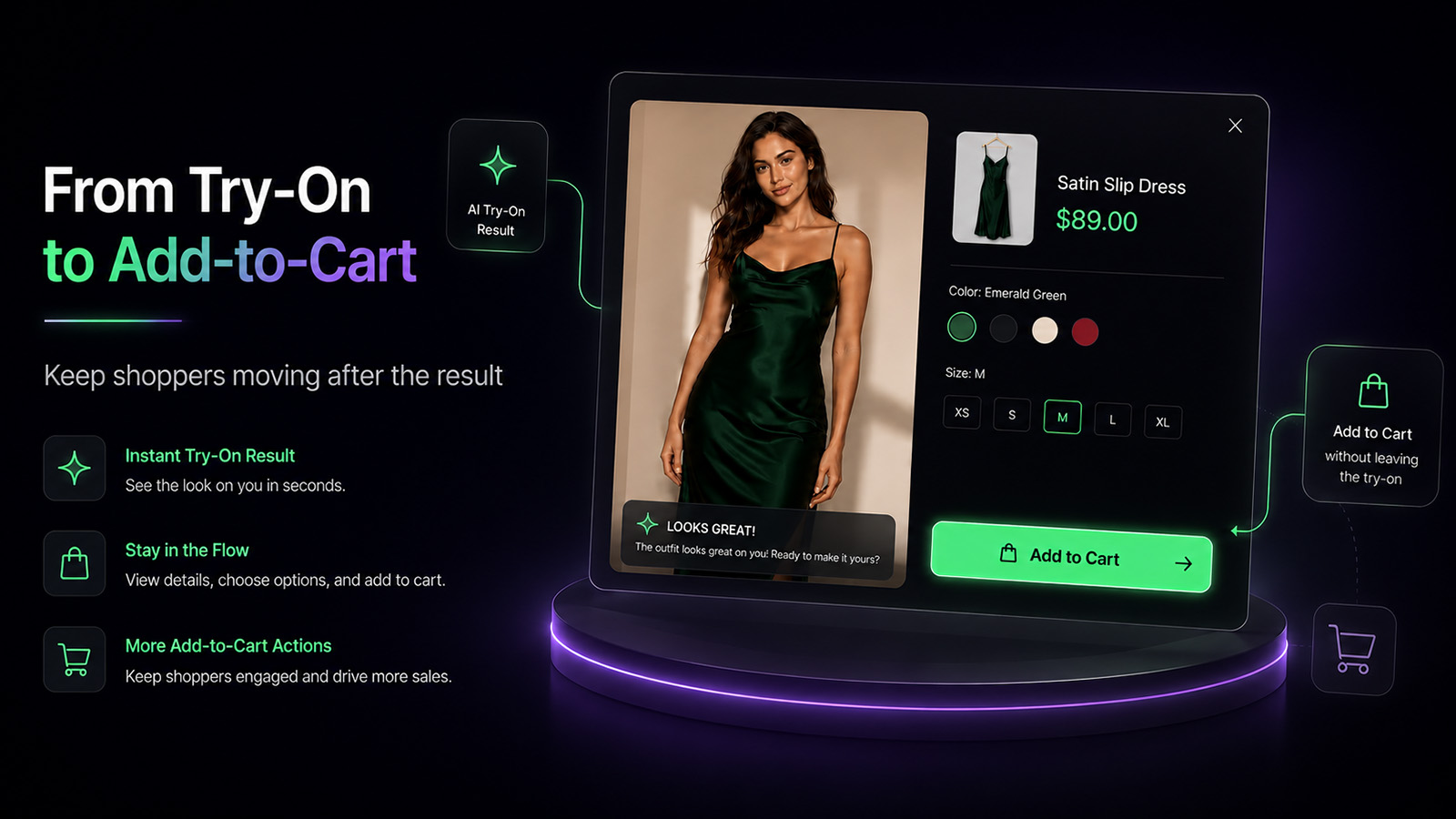 AI try-on result with product options and add-to-cart flow