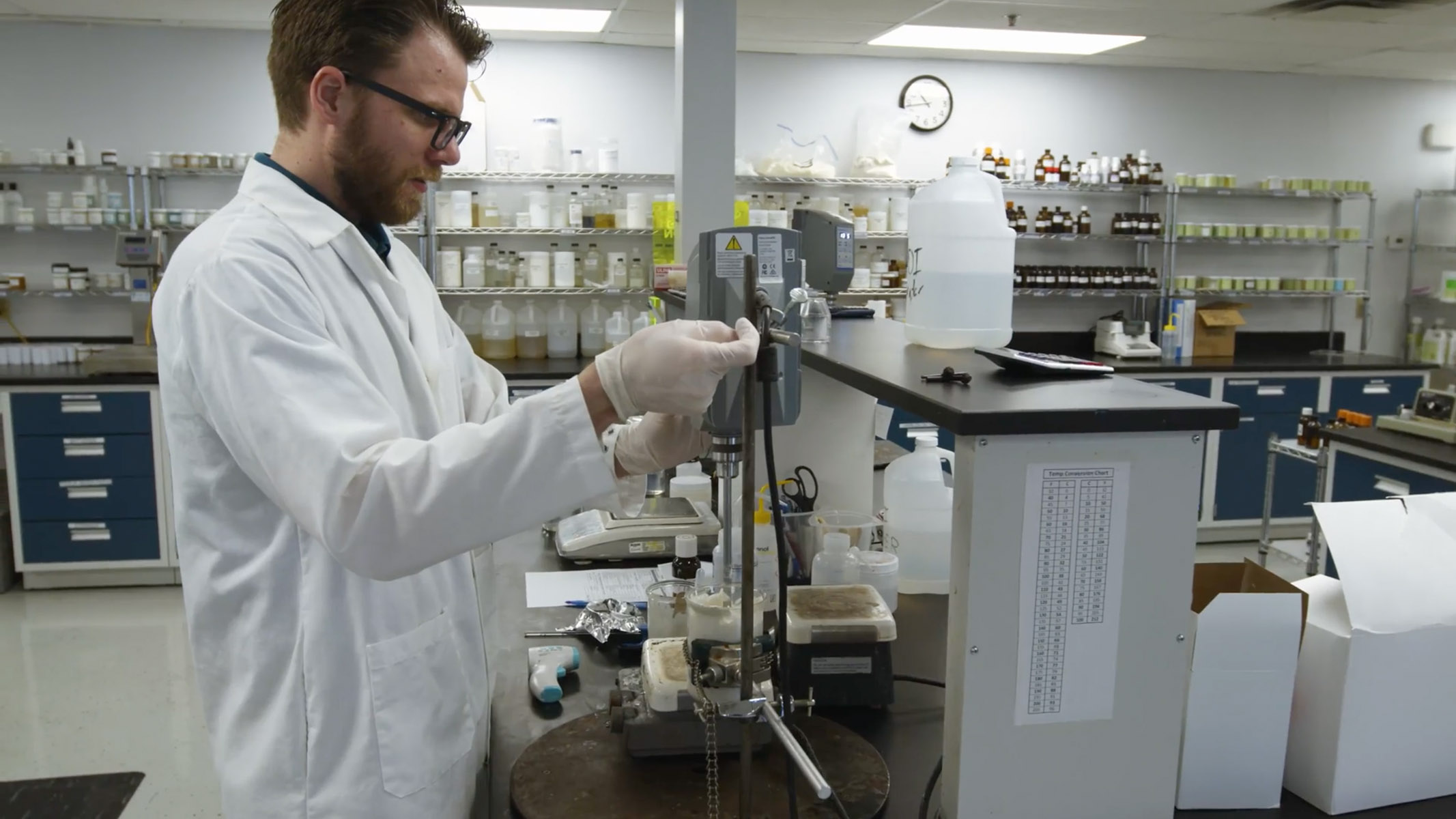 Chemist in a lab coat mixing a formulation in the Creative Beauty Brands R&D lab