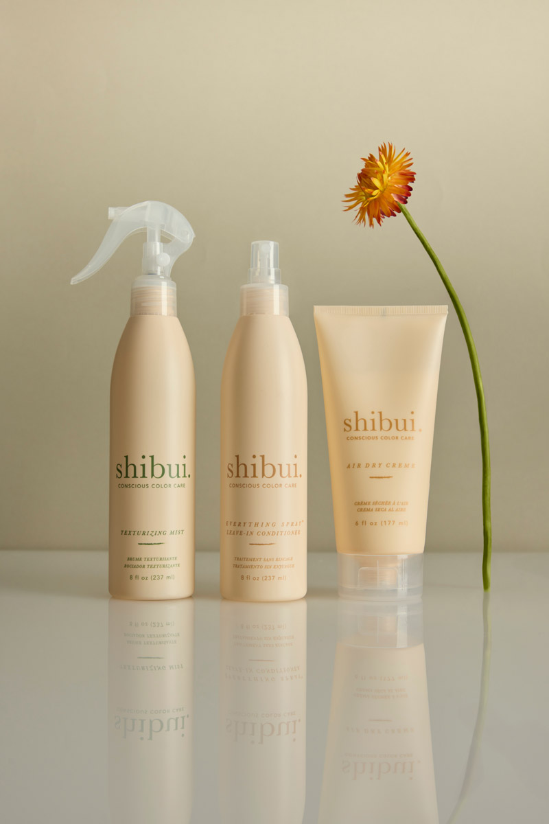 Three Shibui Conscious Color Care hair products lined up on a white surface
