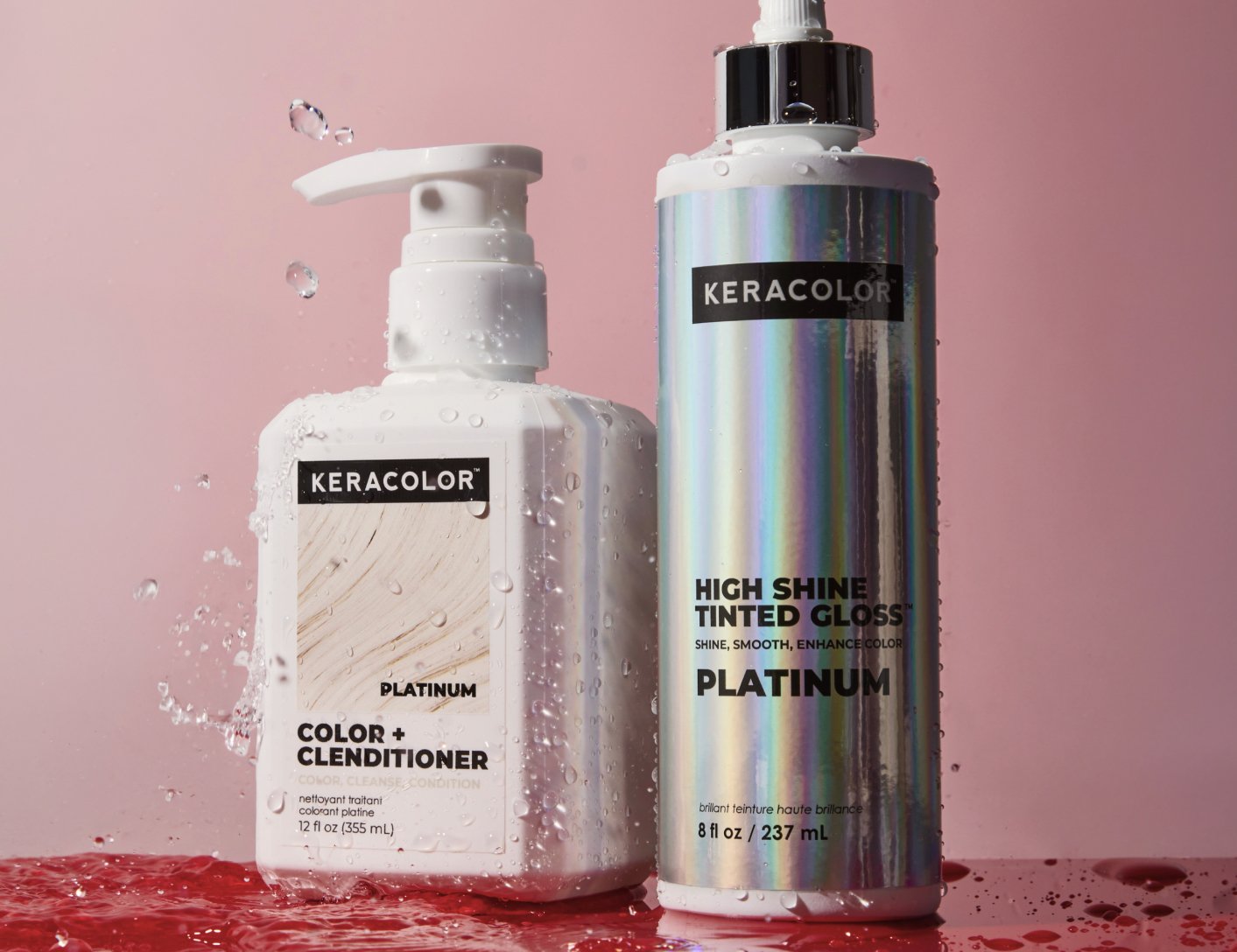 Keracolor Color + Clenditioner and High Shine Tinted Gloss in Platinum on a pink background