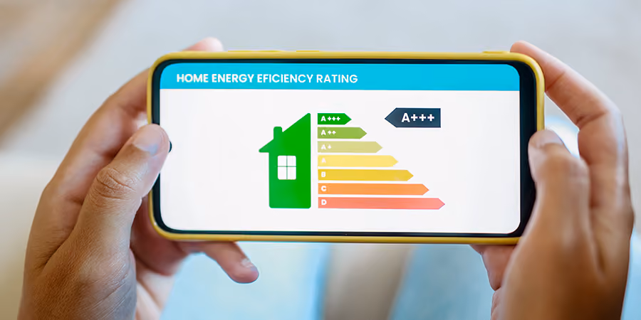 Die Hand hält ein Smartphone mit einer Energieeffizienz-Skala für Häuser von A+++ bis D, wobei A+++ hervorgehoben ist.