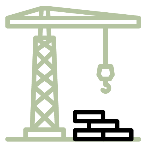 Schematische Abbildung eines Kran mit einem Haken und einem Stapel Baumaterial darunter.