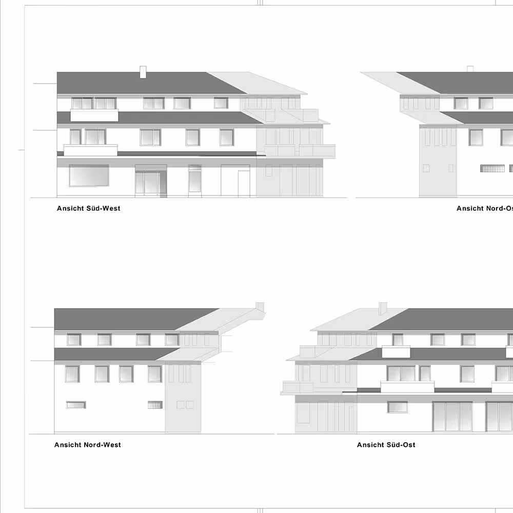 Architekturzeichnungen mit vier Ansichten eines mehrstöckigen Gebäudes, beschriftet als Ansicht Süd-West, Nord-Ost, Nord-West und Süd-Ost.