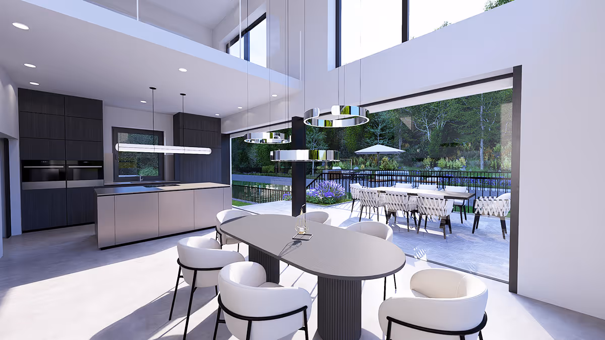 Moderner Essbereich mit ovalem Tisch und weißen Stühlen, angrenzende offene Küche, große Glasfront mit Blick auf Terrasse und Garten.