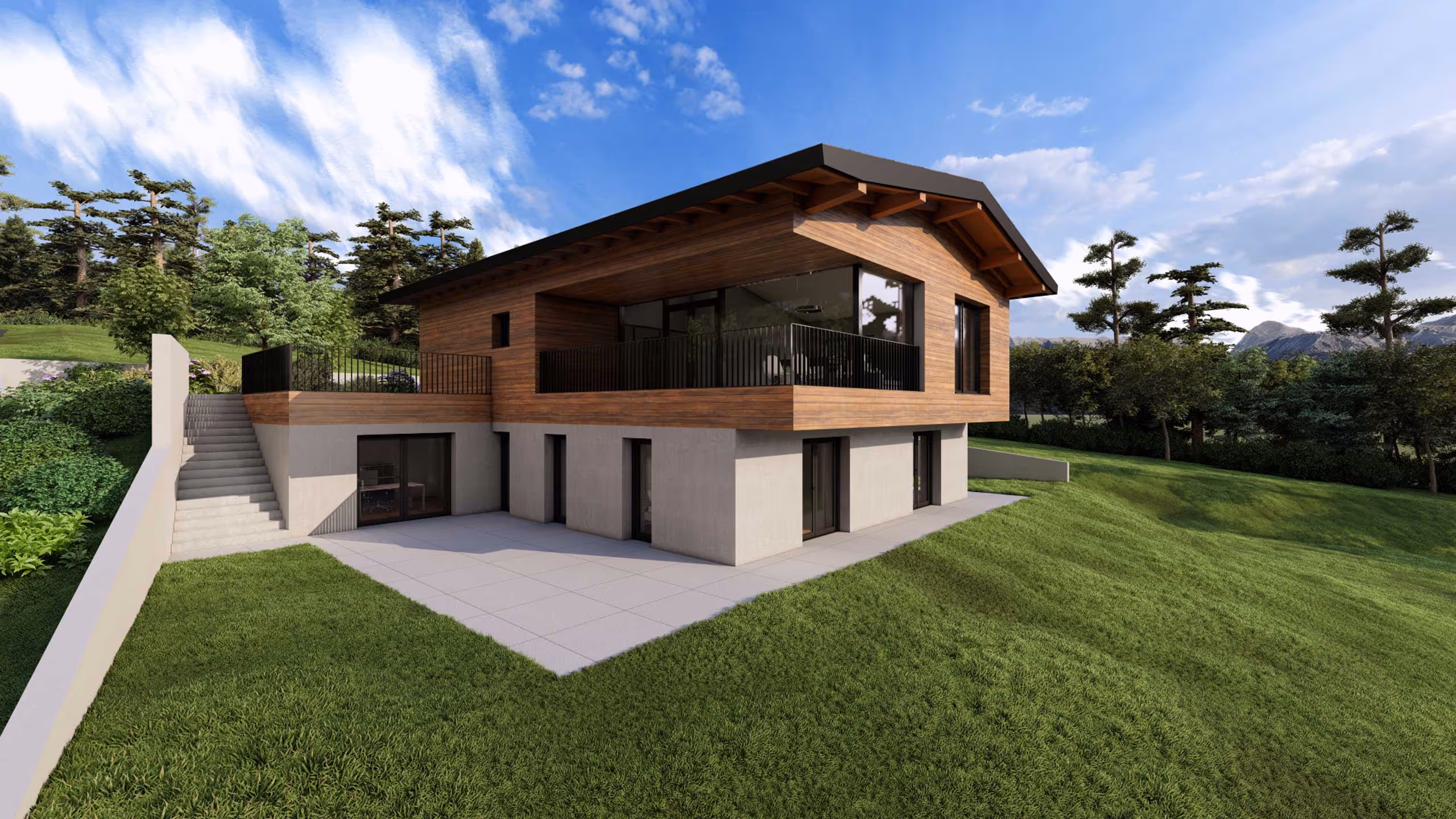 Modernes zweistöckiges Haus mit einer Holzverkleidung im Obergeschoss, großem Balkon mit Glasfronten, Terrasse und umliegendem grünen Garten unter bewölktem Himmel.