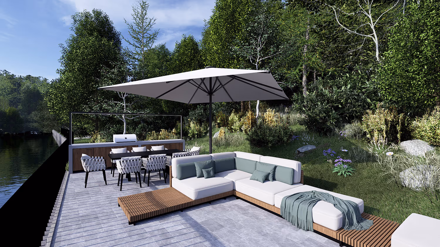 Moderner Gartenbereich mit weißem Ecksofa, grünem Sonnenschirm, Esstisch mit fünf Stühlen und Grill neben dichtem Grün.