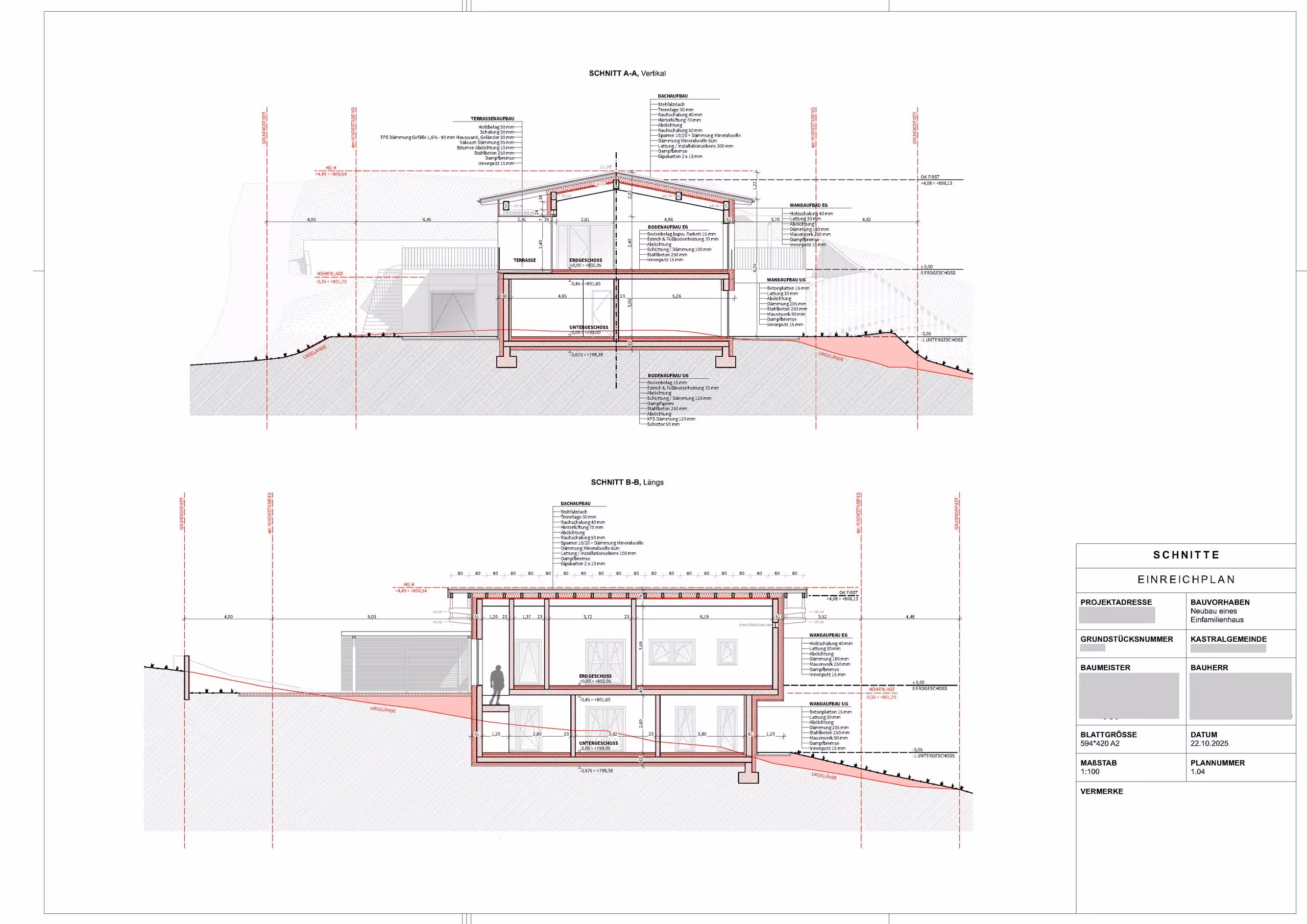 Architekturplan mit vertikalem Schnitt A-A und langem Schnitt B-B eines Einfamilienhauses, zeigt Grundrisse, Erdgeschoss, Untergeschoss und Gebäudeschichten mit Maßangaben.