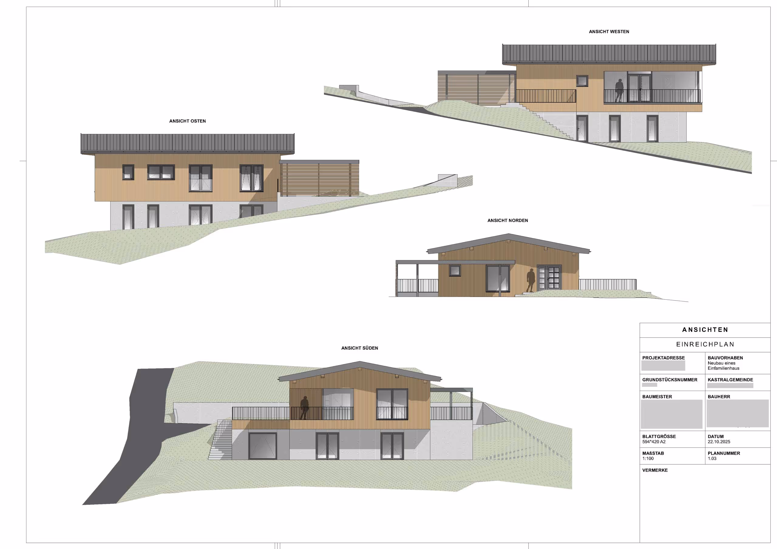 Architekturpläne mit Ansichten eines modernen Einfamilienhauses von Osten, Westen, Norden und Süden auf einem Hanggrundstück.