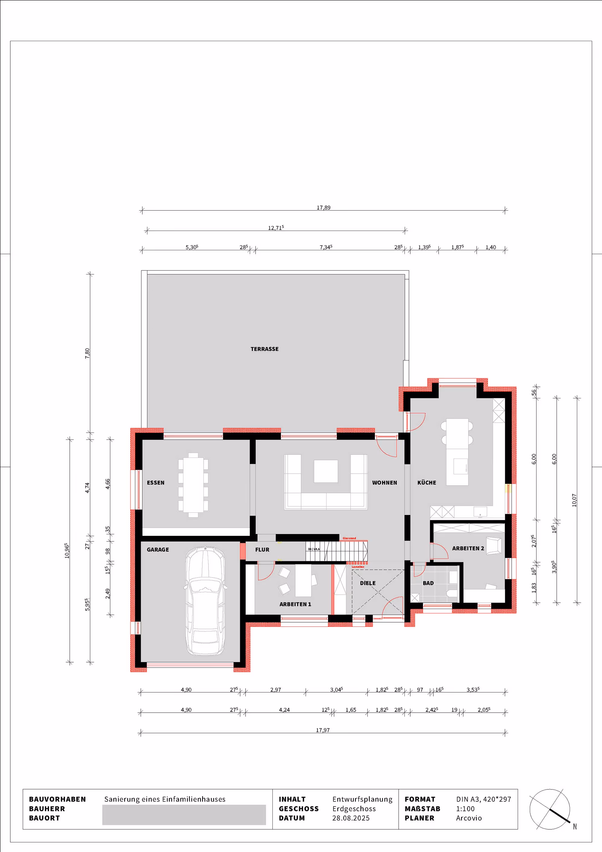 Grundriss eines Einfamilienhauses mit Garage, Esszimmer, Wohnzimmer, Küche, zwei Arbeitsräumen, Bad, Flur, Diele und Terrasse.