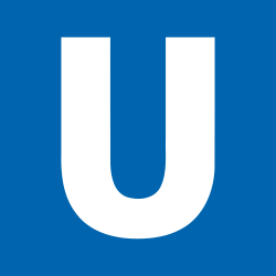 Weißer Buchstabe U auf blauem Hintergrund, Symbol für Münchens U-Bahn.