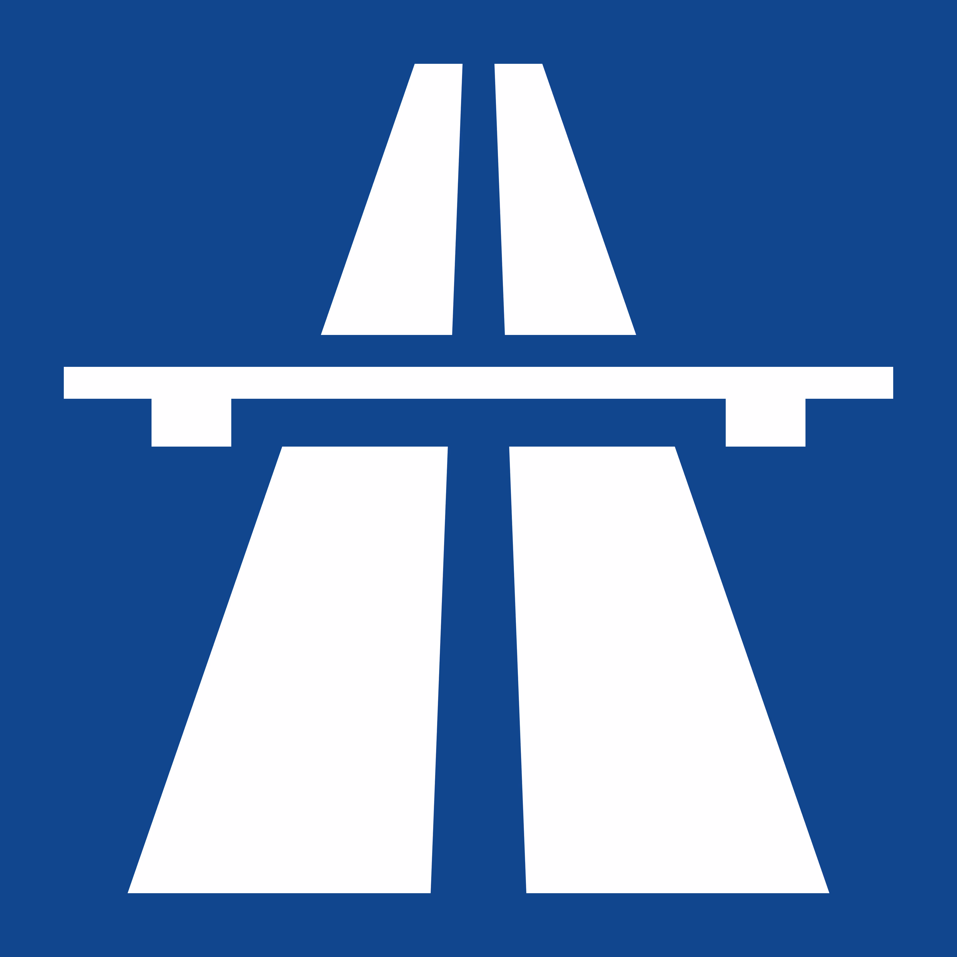 Blaues Verkehrszeichen mit stilisierter weißer Autobahn und Brücke.