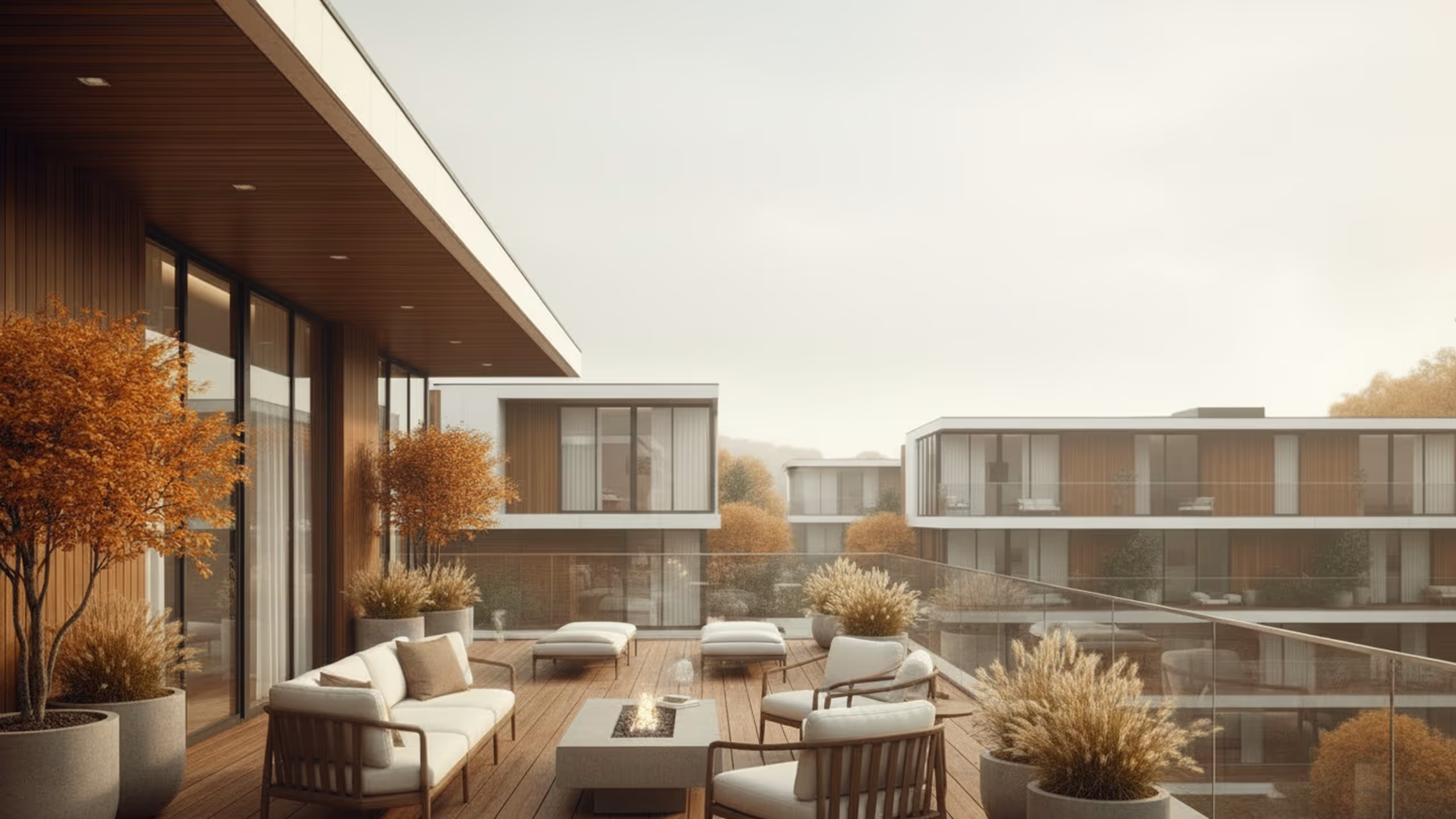 Moderne Terrasse mit gemütlichen Sitzmöbeln, Pflanzen und Blick auf umliegende Gebäude im Herbst.