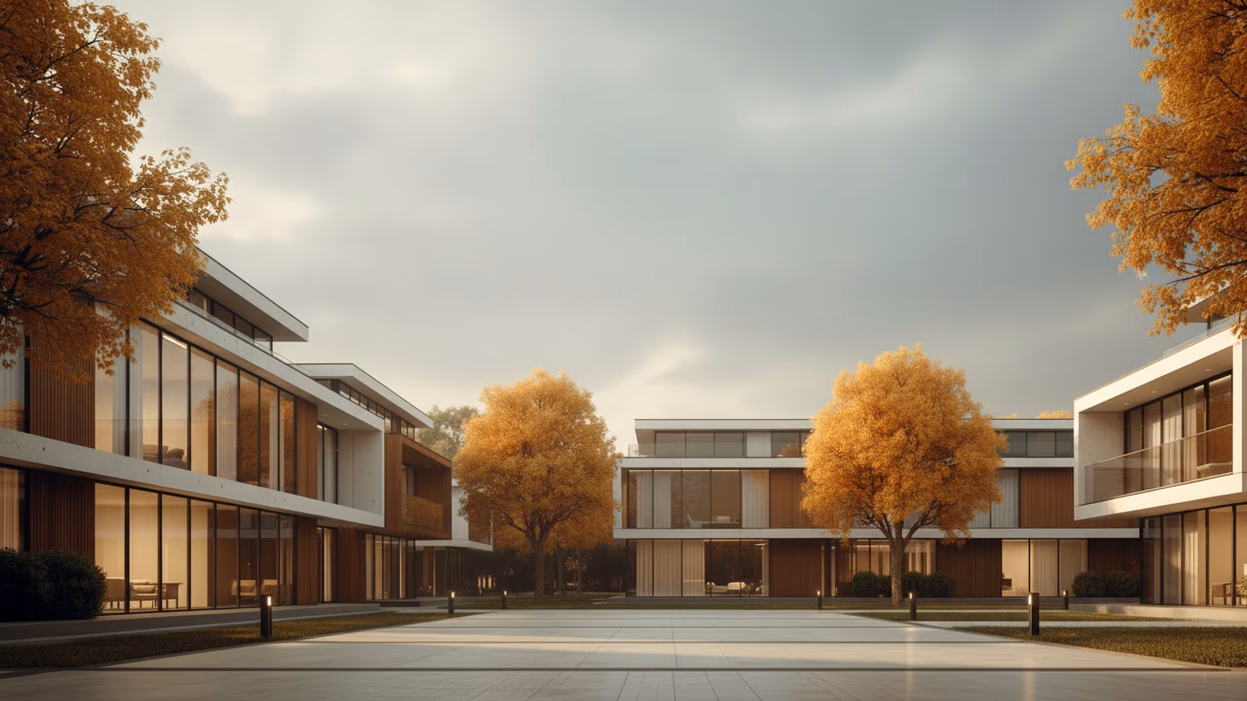 Moderne Mehrfamilienhäuser mit großen Fenstern und herbstlich orangefarbenen Bäumen im Hof.