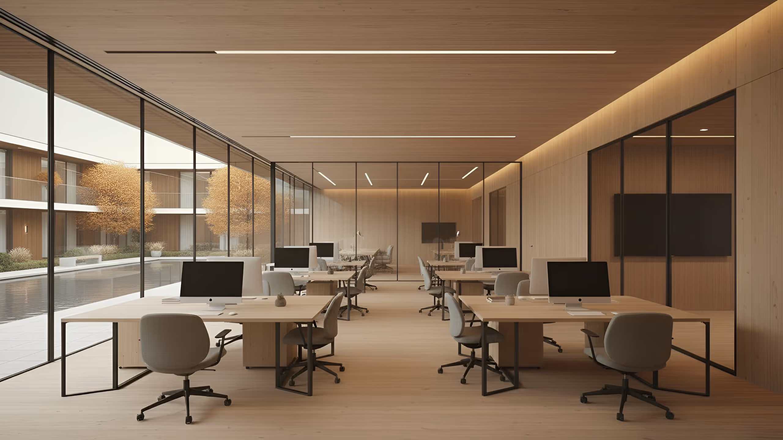 Modernes Büro mit Holzmöbeln, mehreren Schreibtischen und großen Glasfenstern zum Innenhof.