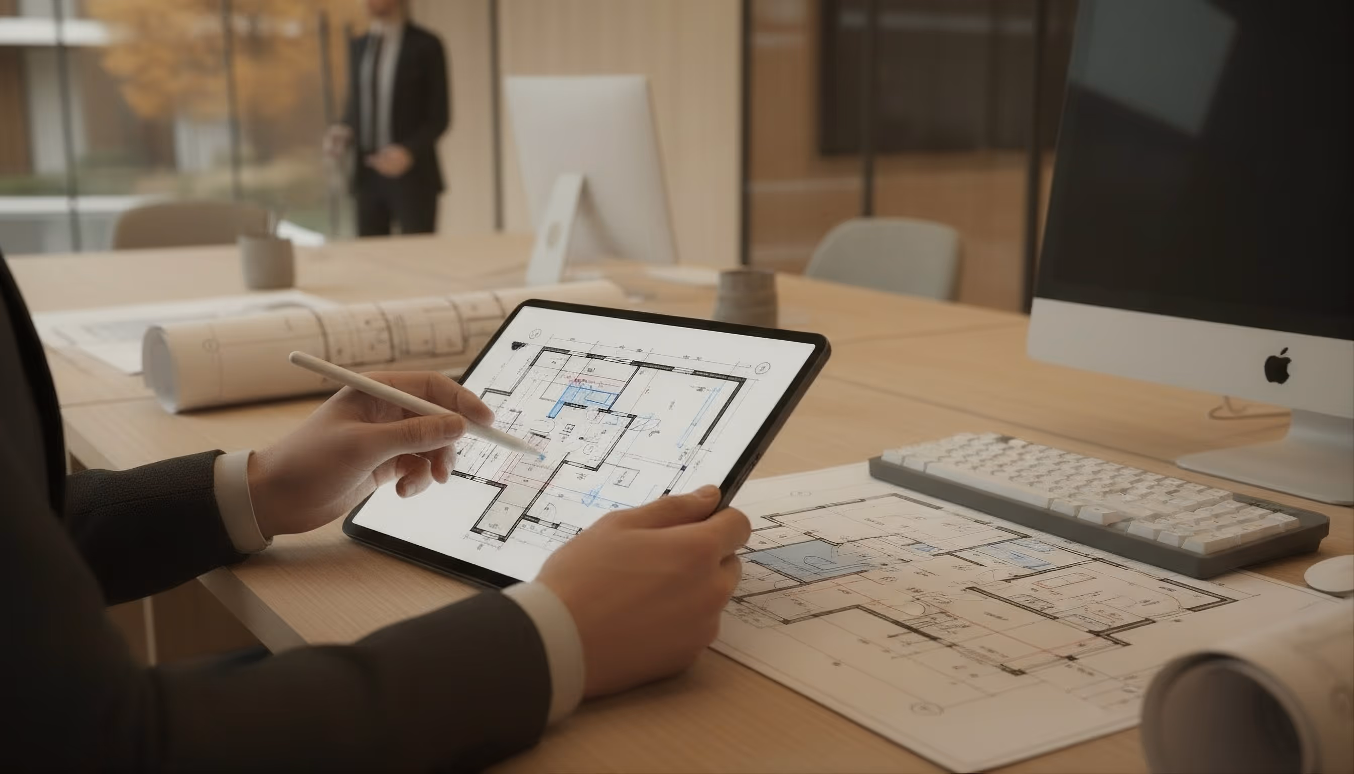 Person bearbeitet einen digitalen Bauplan auf einem Tablet mit einem Stylus im modernen Büro.
