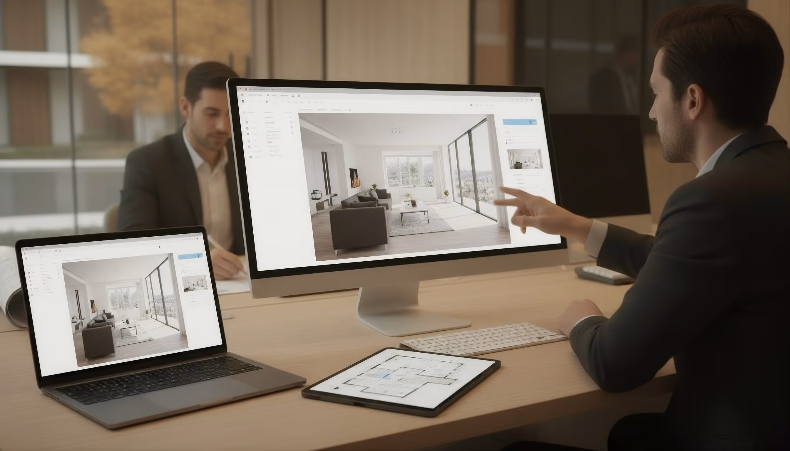 Geschäftsmann zeigt auf einen Bildschirm mit einer digitalen 3D-Wohnraumgestaltung im Büro.